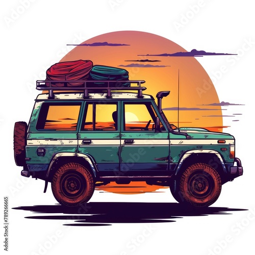 T-shirt design vector style clipart with SUV against the backdrop of a sunset with the outfit on the roof, isolated on white background photo