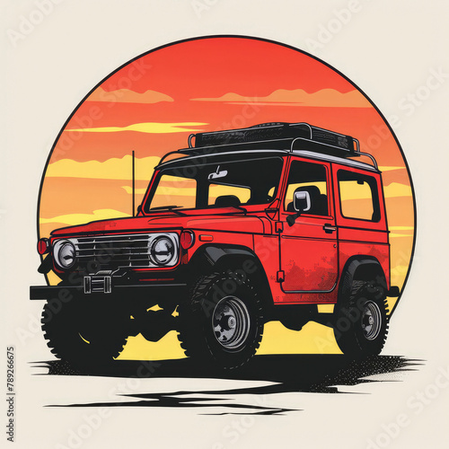 T-shirt design vector style clipart with SUV against the backdrop of a sunset with the outfit on the roof, isolated on white background photo