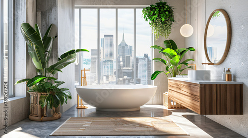 Stylish bathroom interior with concrete floor window 