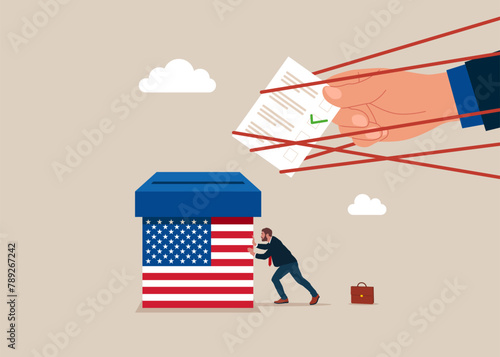 Against voting in USA. Businessman with a ballot box trying to pushing away with full effort. Vote no campaign and protest signs for a political or social issue. Flat vector illustration