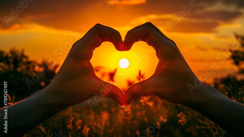 Hands forming heart shape silhouette against vibrant sunset sky  symbolizing love  warmth and connection with nature