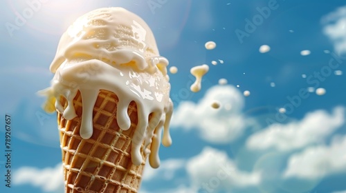 Melting Vanilla Ice Cream Scoop in Waffle Cone Dripping with Milk Against Bright Blue Sky