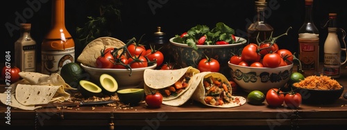 Mexican food background with tacos, vegetables, salsa and guacamole