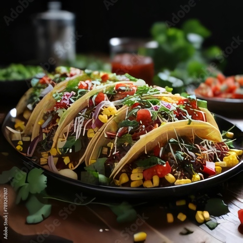Mexican tacos with meat, vegetables and salsa. Dark background.