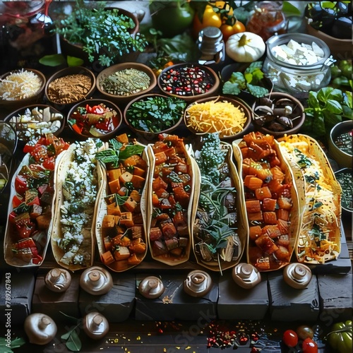 Mexican tacos with meat, vegetables and cheese on dark wooden background