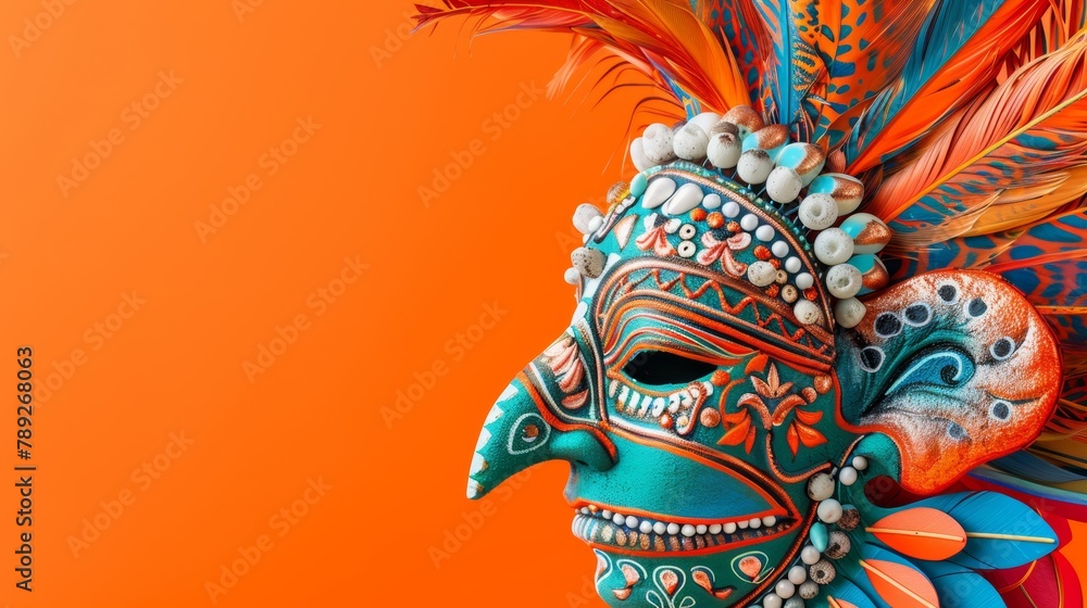 Naklejka premium Colorful Mardi Gras Mask with Feathers and Beads on Orange Background