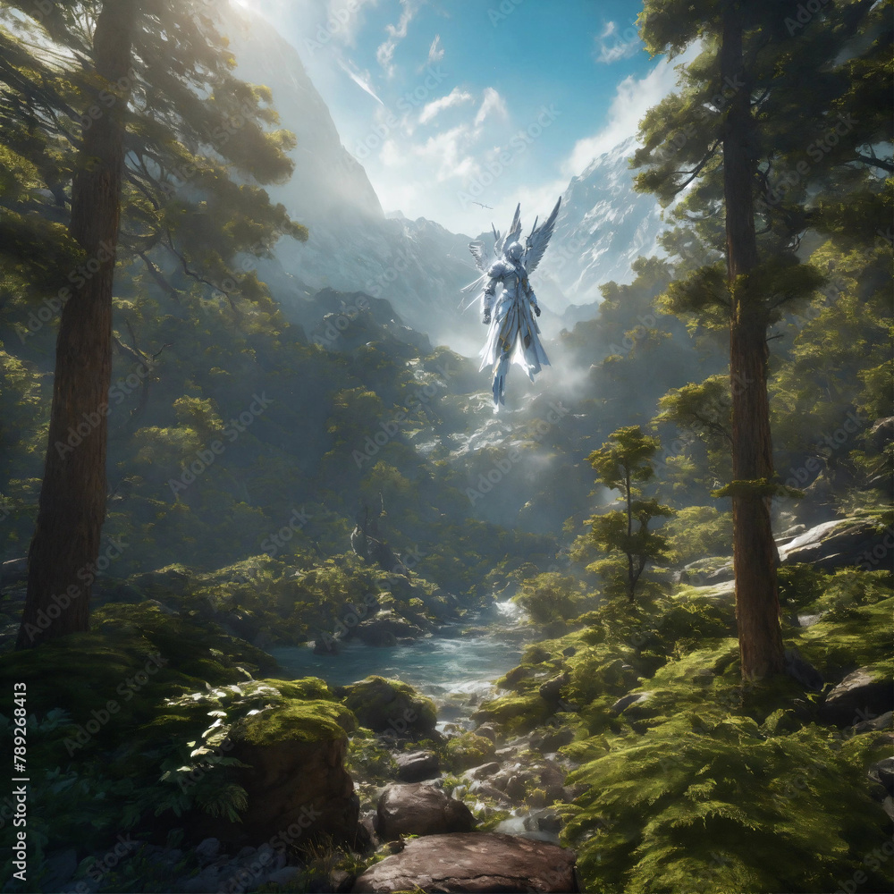White archangel michael war in the forest, being reincarnated into a ocean world, sky nebula, artstation scifi 3d scene of a showing mountains, maximalism, ambient occlusion, atmospheric haze, unreal 