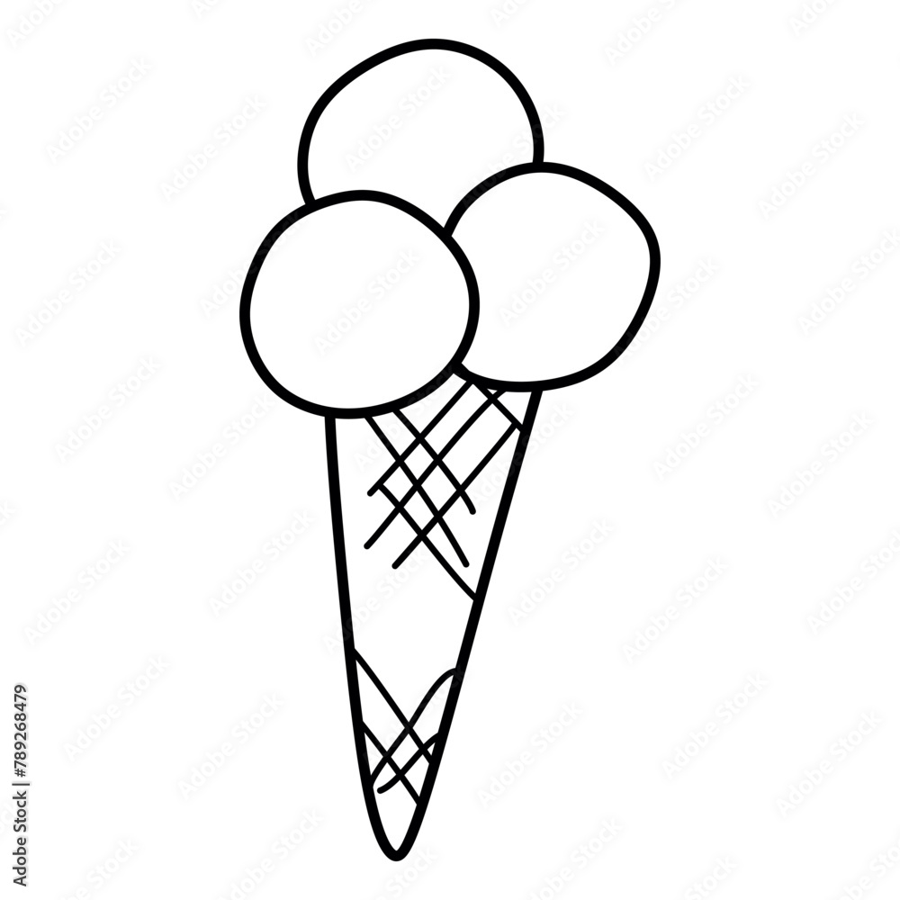 Ice cream icon, Sundae Gelato, Cone waffle with three icecream, thin line web symbol on white background. Vector Linear Illustration for Coloring book, Card, Sticker, Print. Hand drawn Outline Design. Ice cream icon, Sundae Gelato, Cone waffle with three icecream, thin line web symbol on white background. Vector Linear Illustration for Coloring book, Card, Sticker, Print. Hand drawn Outline Design.