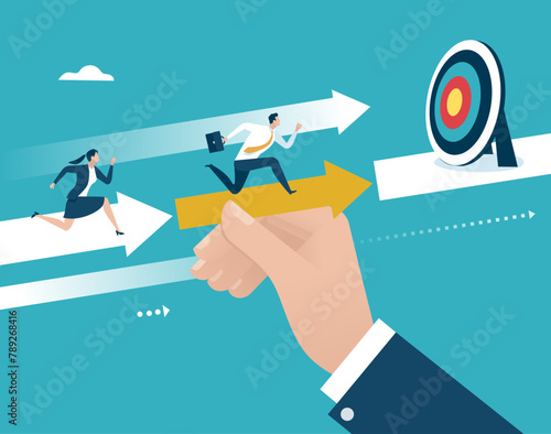 Support - help. The manager‘s hand fills the gap between arrows to reach the goal. Business vector illustration