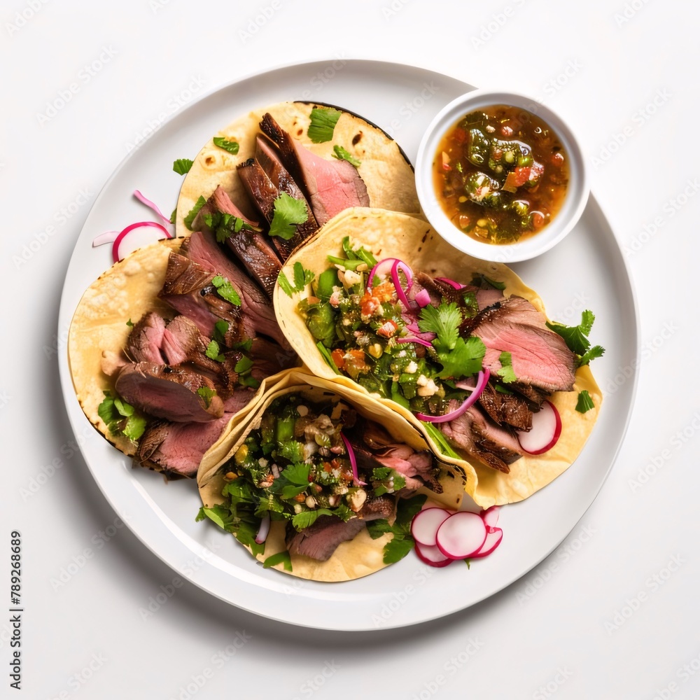 Lamb tacos with spicy chilli sauce on white background, top view Lamb tacos with spicy chilli sauce on white background, top view