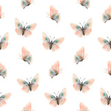 Delicate, flying, elegant butterflies in the trendy pastel color peach fuzz in a vintage style. Hand drawn watercolor illustration. Seamless pattern, repeating ornament on a white background.
