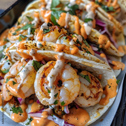 close up of a plate of tacos with prawns and cheese