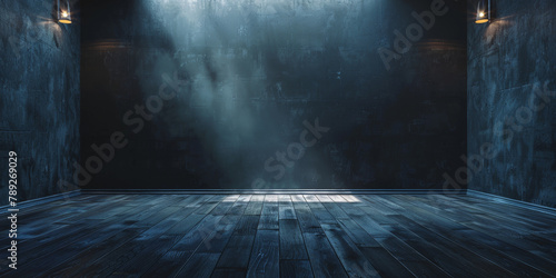 empty dark room with wooden floor and black wall background background,