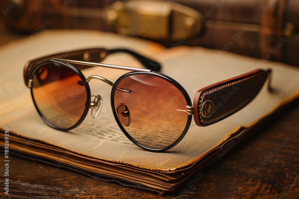 Vintage pilot sunglasses with leather side shields and sepiatoned lenses, displayed on an old