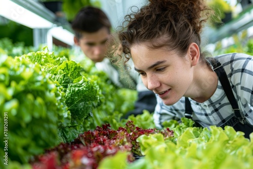 Young Woman Inspects Hydroponic Lettuce in Indoor Vertical Farm