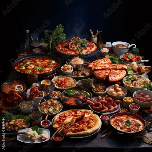 Large group of different hot dishes on a black background. Restaurant.
