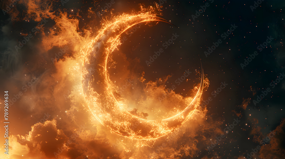 Obraz premium Exquisite 3D render of a shiny crescent moon on a bokeh background, representing an Islamic religious concept