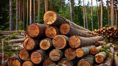 pile of pine logs in the forest after being cut down