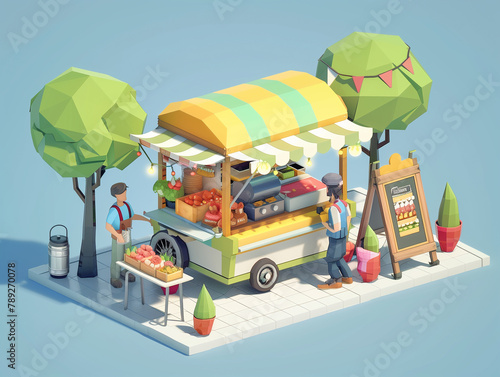 Street food concept illustration. Low poly food cart with customer and vender
