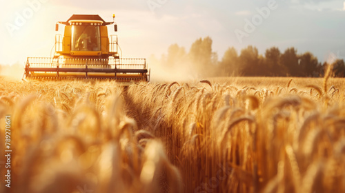 Combine harvester harvests field of mature wheat on sunny day. Seasonal harvest of grain crops. Grain harvesting equipment in the field