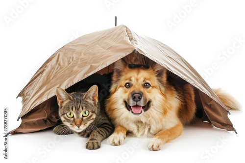 Cute cat and dog sit under tent on a white background. Pet insurance, pet care, veterinary clinic, emergency animal care. Concept of health and life protection.