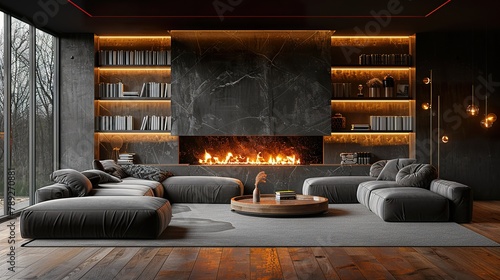 Living room, marble wall fireplace and stylish bookcase