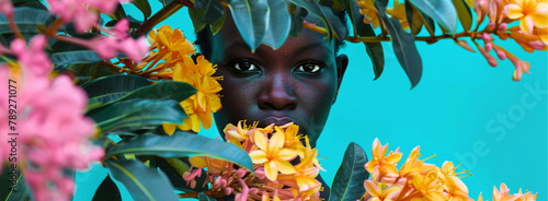 yellow, pink, Turquoise, african and caucasion woman modeling, flower,  bold, beautiful, An African woman, the roses around her are scattered photo
