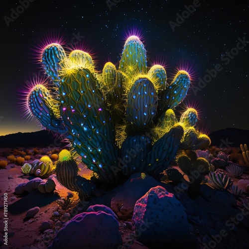 cacti in the desert at night. 3D illustration.