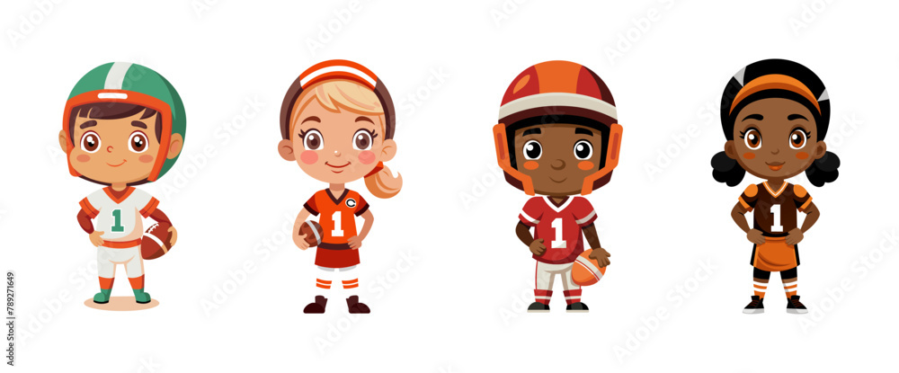Cartoon kids in american football quarterback uniforms, vector  illustration.