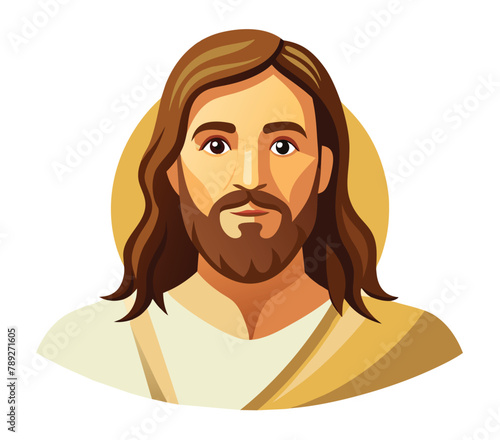 Portrait of a bearded man with long hair who look like Jesus Christ,  vector cartoon illustration.