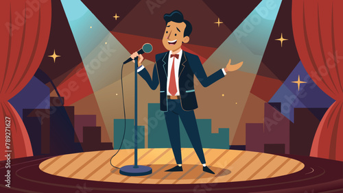 Comedian performing stand up show on stage,  vector cartoon illustration.