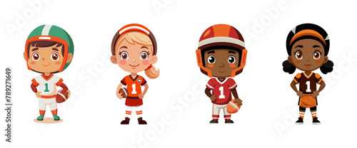 Cartoon kids in american football quarterback uniforms, vector  illustration.