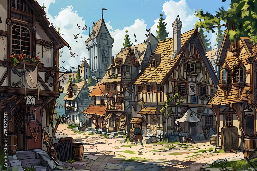 : A lively medieval village with a bustling market and cozy cottages, inked with warm, inviting lines