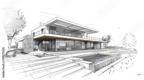 sketch of beach house, Sketch of building design of modern family house, architectural plan, black and white sketch