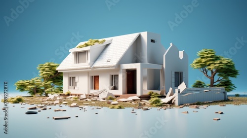 Realistic 3D foreclosed home in a minimalist style, highlighting debt issues, photo