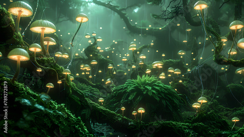 Surreal Forest Of Twisted Vines And Glowing Flora, Where Bioluminescent Mushrooms Cast An Otherworldly Glow Upon The Moss-Covered Ground © M.Adnan