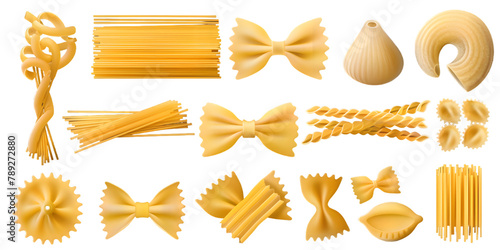 Collection of different types of pasta shapes, isolated on transparent background
