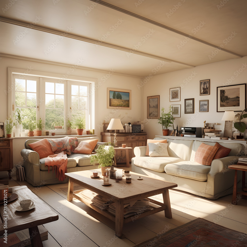 a living room in American farmhouse style, simple long sofa with window a living room in American farmhouse style, simple long sofa with window