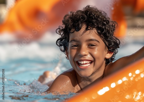 Little teenager boy with dark curly hair sliding water slide in aquapark recreation activity outdoors and vacation concept on sunny day happily smiling © Wendy2001