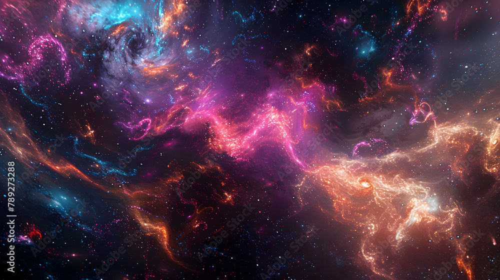 Obraz premium Cosmic Garden Where Stars Blossom Like Flowers Amidst A Field Of Swirling Galaxies, Their Radiant Petals Reaching Out To Touch The Void