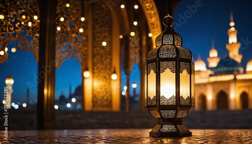A mosque in the night of Ramadan. Arab lantern with a light inside in the night on background of lights and bokeh. 