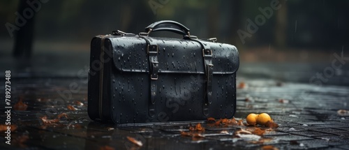 Realistic 3D scene of a minimalist briefcase left in the rain, forgotten work, photo