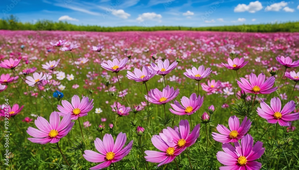 Beautiful cosmos pink flowers blooming in garden against the bright blue sky. Cosmos Flower field on blue sky background,spring season flowers Beautiful cosmos pink flowers blooming in garden against the bright blue sky. Cosmos Flower field on blue sky background,spring season flowers