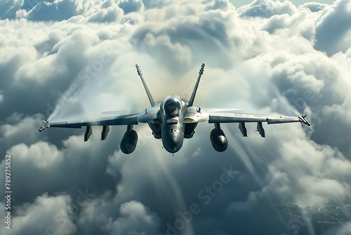 : A dramatic shot of a fighter jet flying through a cloud of smoke, with the ground far below, with a blue sky overhead