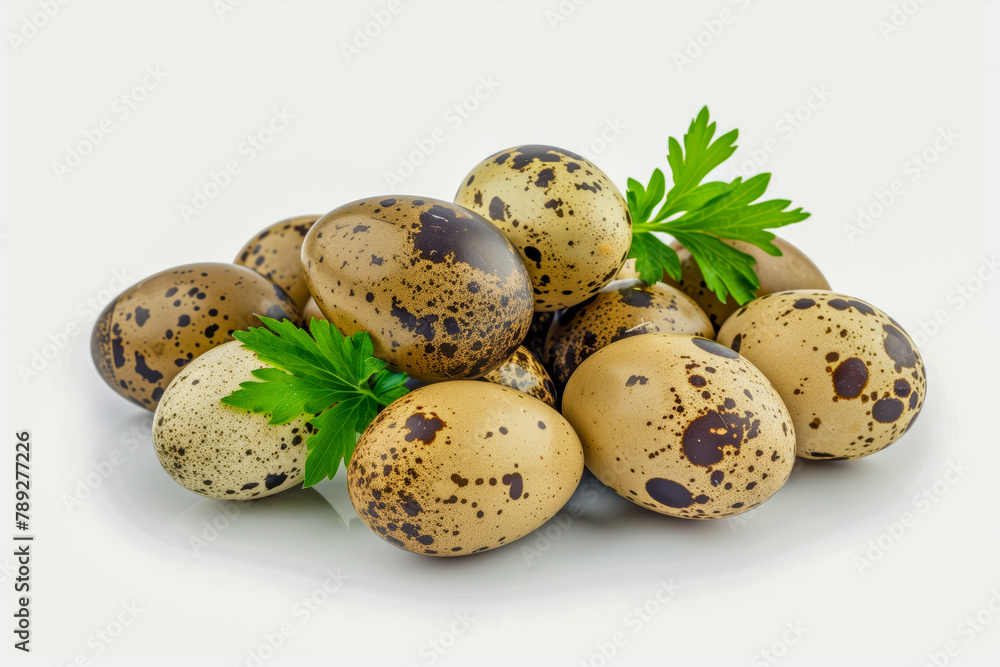 The quail eggs and shells are isolated on a white background The quail eggs and shells are isolated on a white background