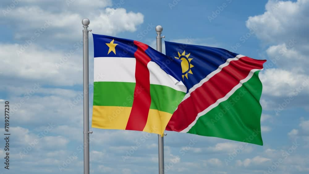 Central African Republic and Namibia two flags waving together, looped video, two country relations concept Central African Republic and Namibia two flags waving together, looped video, two country relations concept