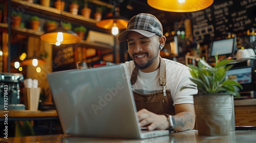 Latin American Coffee Shop Employee Accepts Pre-Order on Mobile Phone and Records on Laptop in Cozy Cafe