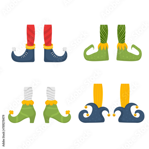 Christmas elf feet and legs set, decoration for celebration. Christmas gnome bundle. Collection of cute elves legs, boots, socks. Santa helpers shoes and pants with gifts, presents. Vector.