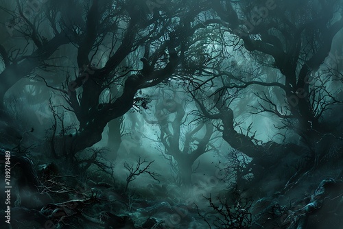 : A dark, ominous forest, with twisted, gnarled trees and a thick, foreboding fog