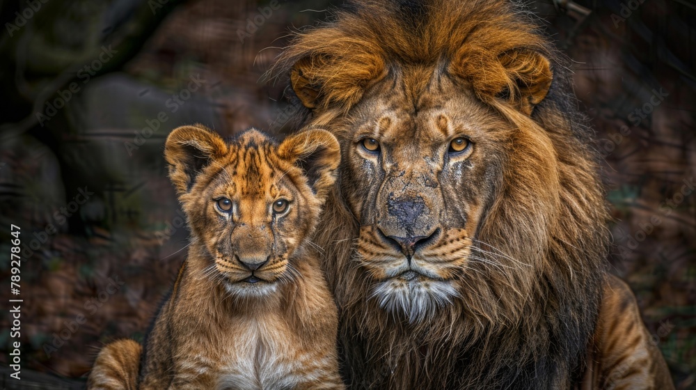 Male lion and lion cub portrait with empty space on the left for text, object on the right Male lion and lion cub portrait with empty space on the left for text, object on the right